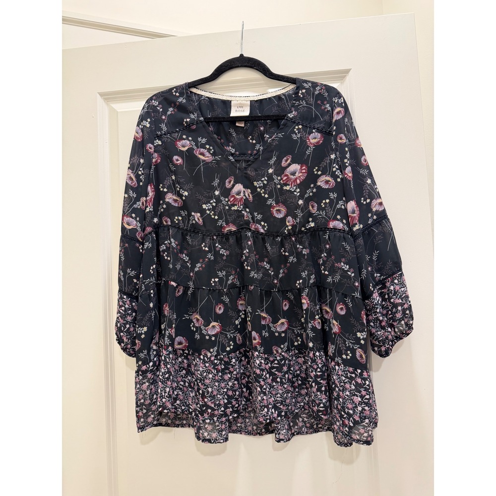 Knox Rose Womens Floral Tiered Tunic Top Navy Pink V-Neck Lace Trim Size Large
